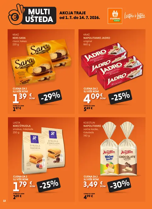 Studenac katalog — stranica 13: KOESTLIN NAPOLITANKE voćne kocke, čokolada, KRAŠ KEKS SARA classic kakao, KRAŠ NAPOLITANKE JADRO original, LASTA KEKS ŠTRUDLA smokva, čokolada (vrijedi 01. 07. 2026.–14. 07. 2026.)