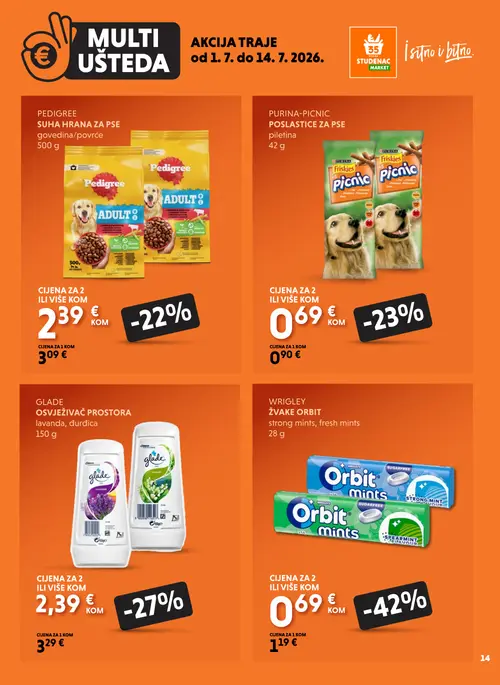 Studenac katalog — stranica 14: Wrigley Žvake Orbit strong mints, fresh mints, Pedigree Pedigree suha hrana za pse govedina/povrće, Purina Purina-Picnic poslastice za pse piletina, Glade Glade osvježivač prostora lavanda, đurđica (vrijedi 01. 07. 2026.–14. 07. 2026.)