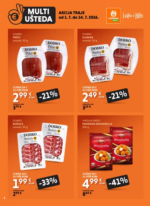 Studenac katalog — stranica 3: VINDİJA VINDİJA SIREVI PANIRANA MOZZARELLA, DOBRO DOBRO BUDOLA narezak, DOBRO DOBRO SLANINA narezak, DOBRO DOBRO PRŠUT narezak (vrijedi 01. 07. 2026.–14. 07. 2026.)