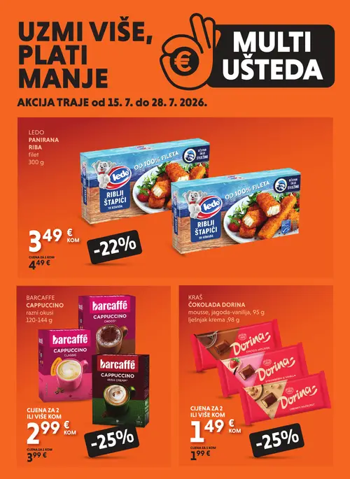 Studenac katalog — stranica 1: Kraš Čokolada Dorina creamy hazelnut, Kraš Čokolada Dorina mousse, jagoda-vanilija, Barcaffè Cappuccino razni okusi, Ledo Panirana riba filet (vrijedi 15. 07. 2026.–28. 07. 2026.)