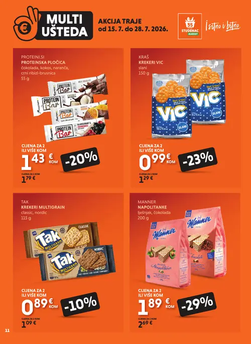 Studenac katalog — stranica 11: MANNER NAPOLITANKE lješnjak, čokolada, KRAŠ KREKERI VIC slani, PROTEINI.SI PROTEINSKA PLOČICA čokolada, kokos, naranča, crni ribizl-brusnica, TAK KREKERI MULTIGRAIN classic, nordic (vrijedi 15. 07. 2026.–28. 07. 2026.)