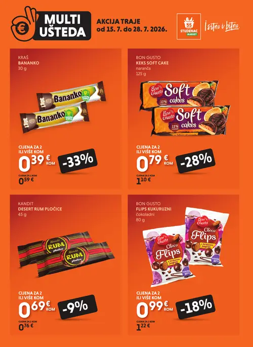 Studenac katalog — stranica 12: KRAŠ KRAŠ BANANKO, BON GUSTO BON GUSTO KEKS SOFT CAKE naranča, BON GUSTO BON GUSTO FLIPS KUKURUZNI čokoladni, KANDIT KANDIT DESERT RUM PLOČICE (vrijedi 15. 07. 2026.–28. 07. 2026.)