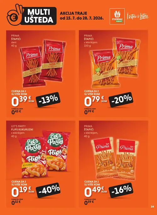 Studenac katalog — stranica 14: Let's Party Let's Party Flips kukuruzni s kikirikijem, Prima Prima štapići s kikirikijem, Prima Prima štapići s kikirikijem, Prima Prima štapići slani (vrijedi 15. 07. 2026.–28. 07. 2026.)