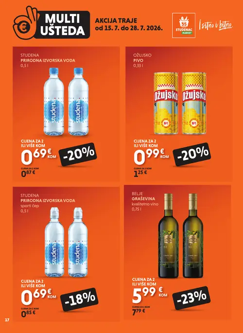Studenac katalog — stranica 17: Belje Belje Graševina kvalitetno vino 0,75 l, Ožujsko Ožujsko pivo 0,33 l, Studena Studena prirodna izvorska voda 0,5 l, Studena Studena prirodna izvorska voda sporti čep 0,5 l (vrijedi 15. 07. 2026.–28. 07. 2026.)