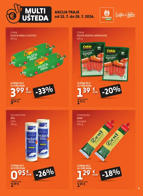 Studenac katalog — stranica 2: CEKIN PILEĆA PRSA U OVITKU, SOLANA PAG PAŠKA SOL sitna, CEKIN PILEĆE KOKTEL KRENOVKE, PODRAVKA SENF ESTRAGON (vrijedi 15. 07. 2026.–28. 07. 2026.)