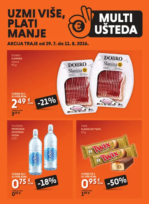 Studenac katalog — stranica 1: TWIX TWIX SLADOLED TWIX, DOBRO DOBRO Slonina naresci, Studena Studena prirodna izvorska voda, DOBRO DOBRO Slonina Slavonska (vrijedi 29. 07. 2026.–11. 08. 2026.)