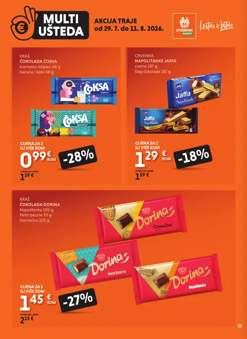 Studenac katalog — stranica 12: Kraš Čokolada Dorina Napolitanka, Kraš Čokolada Čoksa kremasto mlijeko, Kraš Čokolada Čoksa banana i keks, Crvenka Napolitanke Jaffa (vrijedi 29. 07. 2026.–11. 08. 2026.)