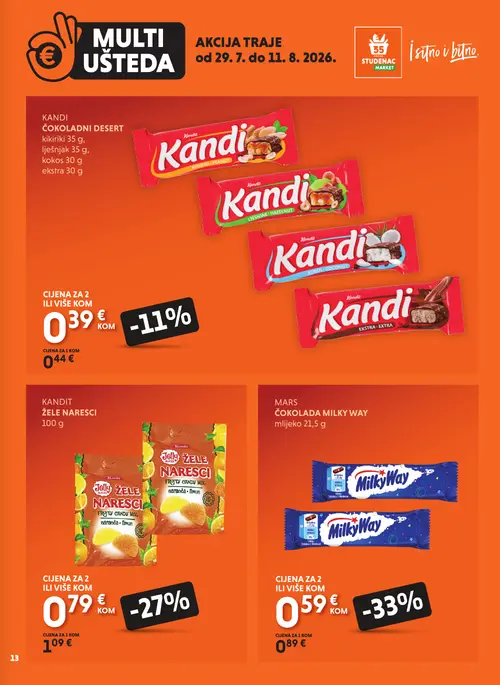 Studenac katalog — stranica 13: Mars Mars čokolada Milky Way, Kandi Kandi žele naresci, Kandi Kandi čokoladni desert, Kandi Kandi čokoladni desert (vrijedi 29. 07. 2026.–11. 08. 2026.)