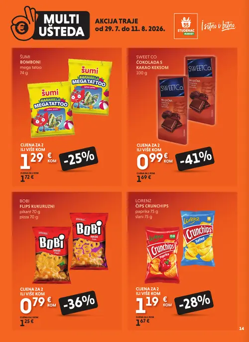 Studenac katalog — stranica 14: SWEET CO ČOKOLADA S KAKAO KEKSOM, BOBI BOBI FLIPS KUKURUZNI, LORENZ LORENZ ČIPS CRUNCHIPS slani, LORENZ LORENZ ČIPS CRUNCHIPS paprika (vrijedi 29. 07. 2026.–11. 08. 2026.)