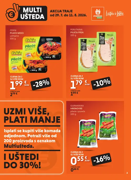 Studenac katalog — stranica 2: Cekin CEKIN PILEĆE MESO usitnjeno, Gurmanika GURMANIKA HRENOVKE pileće i pureće, Slim & Fit PERUTNINA PILEĆA PRSA (vrijedi 29. 07. 2026.–11. 08. 2026.)