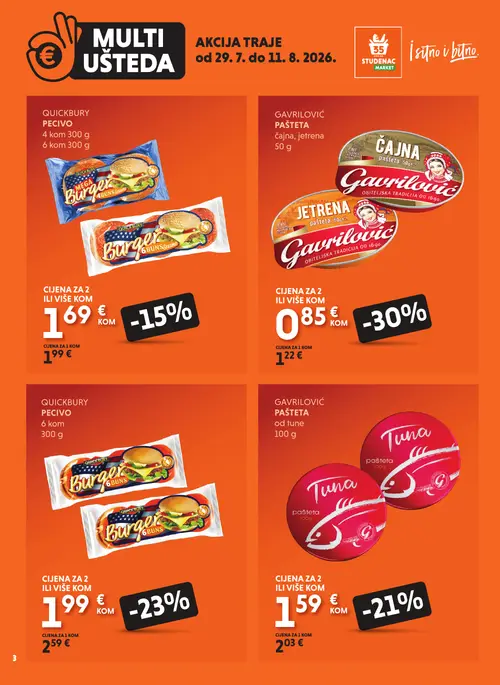 Studenac katalog — stranica 3: GAVRILOVIĆ GAVRILOVIĆ pašteta čajna, jetrena, QUICKBURY QUICKBURY pecivo, GAVRILOVIĆ GAVRILOVIĆ pašteta od tune, QUICKBURY QUICKBURY pecivo (vrijedi 29. 07. 2026.–11. 08. 2026.)