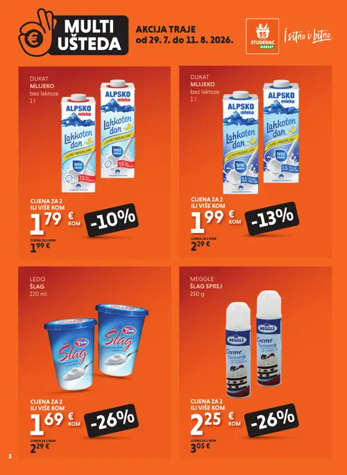 Studenac katalog — stranica 5: Meggle Meggle Šlag Sprej 250 g, Ledo Ledo Šlag 220 ml, Dukat Dukat Mlijeko bez laktoze 1 L, Alpsko Alpsko Mlijeko Lahkoten dan 1,5 L (vrijedi 29. 07. 2026.–11. 08. 2026.)