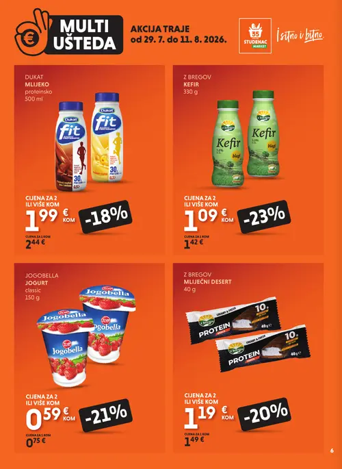 Studenac katalog — stranica 6: Z bregov Z bregov kefir blagi, Jogobella Jogobella jogurt classic, Z bregov Z bregov proteinski snack, Dukat Dukat proteinsko mlijeko (vrijedi 29. 07. 2026.–11. 08. 2026.)