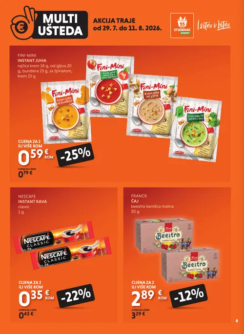 Studenac katalog — stranica 8: PODRAVKA FINI-MINI INSTANT JUHA rajčica krem, NESCAFE NESCAFE INSTANT KAVA classic, FRANCK FRANCK ČAJ beestro kamilica malina, PODRAVKA FINI-MINI INSTANT JUHA od gljiva (vrijedi 29. 07. 2026.–11. 08. 2026.)