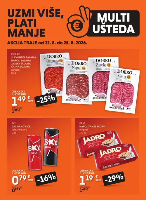 Studenac katalog — stranica 1: KRAŠ KRAŠ Napolitanke Jadro original, DOBRO DOBRO Slavonska salama paprika salami, SKY SKY Gazirano piće cola, cola zero, DOBRO DOBRO Čajna salama tea salami (vrijedi 12. 08. 2026.–25. 08. 2026.)