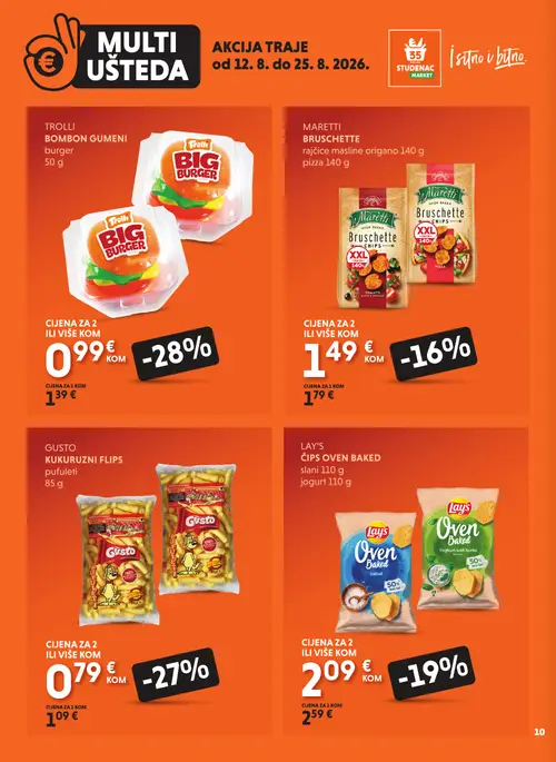 Studenac katalog — stranica 10: Trolli Trolli bombon gumeni burger, Gusto Gusto kukuruzni flips pufuleți, Lay's Lay's čips oven baked slani, Maretti Maretti bruschette rajčice masline origano pizza (vrijedi 12. 08. 2026.–25. 08. 2026.)
