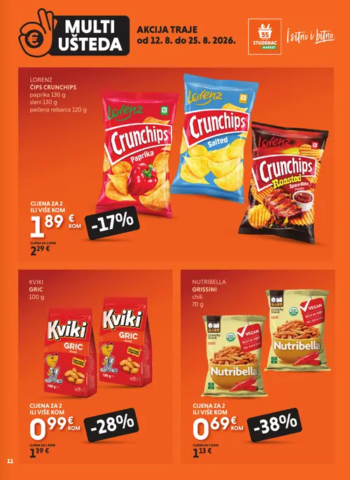 Studenac katalog — stranica 11: Nutribella Grissini chili, Kviki Gric slani, Kviki Gric slani, Lorenz Crunchips slani (vrijedi 12. 08. 2026.–25. 08. 2026.)