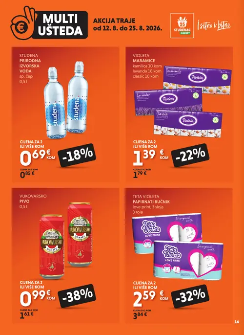 Studenac katalog — stranica 16: Vukovarsko Vukovarsko pivo, Teta Violeta Teta Violeta papirnati ručnik love print, Violeta Violeta maramice kamilica, Violeta Violeta maramice classic (vrijedi 12. 08. 2026.–25. 08. 2026.)