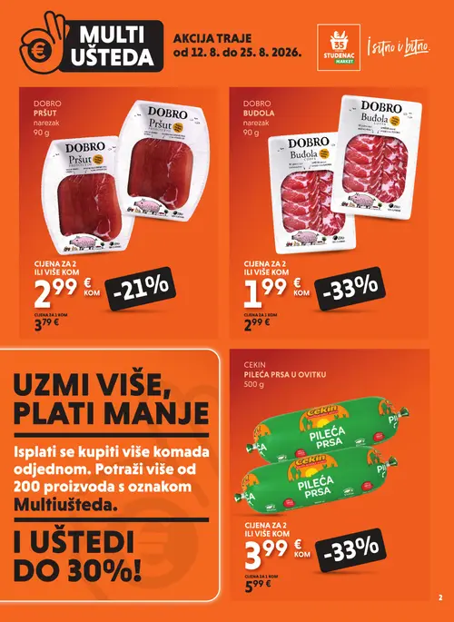 Studenac katalog — stranica 2: DOBRO DOBRO Budola narezak, CEKIN CEKIN Pileća prsa u ovitku, DOBRO DOBRO Pršut narezak (vrijedi 12. 08. 2026.–25. 08. 2026.)