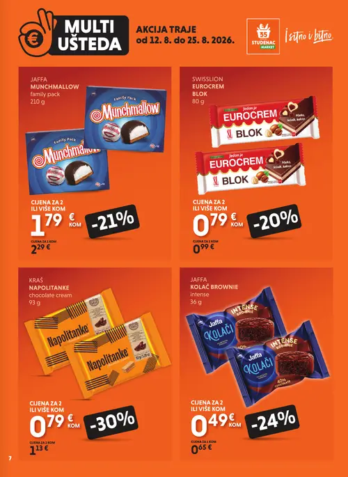 Studenac katalog — stranica 7: KRAŠ NAPOLITANKE chocolate cream, JAFFA KOLAČ BROWNIE intense, JAFFA MUNCHMALLOW family pack, SWISSLION EUROCREM BLOK (vrijedi 12. 08. 2026.–25. 08. 2026.)