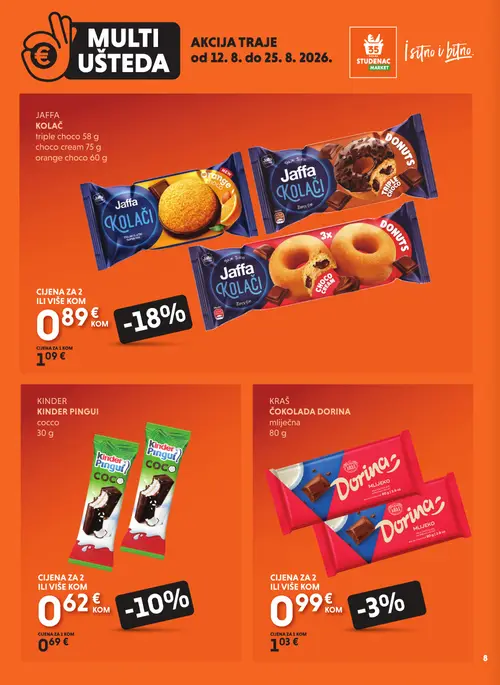 Studenac katalog — stranica 8: Jaffa Jaffa Kolač, Kinder Kinder Pingui Cocco, Kraš Čokolada Dorina Mlijeko, Jaffa Jaffa Kolači (vrijedi 12. 08. 2026.–25. 08. 2026.)