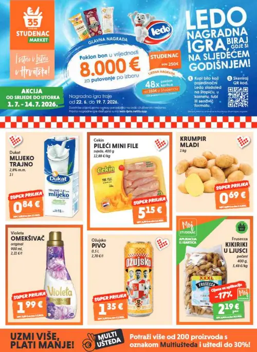 Studenac katalog — stranica 1: Dukat MLIJEKO TRAJNO 2,8% m.m., Cekin PILEĆI MINI FILE, KRUMPIR MLADI, Violeta OMEKŠIVAČ original (vrijedi 01. 07. 2026.–14. 07. 2026.)