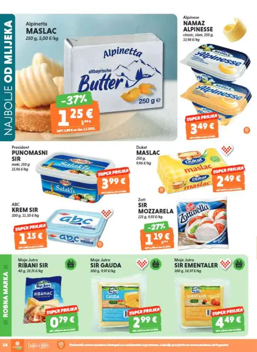 Studenac katalog — stranica 14: Alpinnetta Alpinnetta MASLAC, Zott SIR MOZZARELA (vrijedi 01. 07. 2026.–14. 07. 2026.)