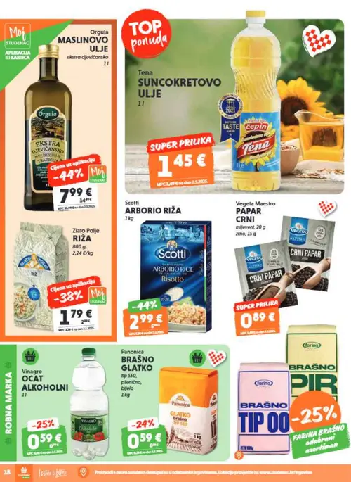 Studenac katalog — stranica 18: Orgula Orgula maslinovo ulje ekstra djevicansko, Scotti Arborio riža, Zlato Polje Zlato Polje riža, Vinagro Vinagro ocat alkoholni (vrijedi 01. 07. 2026.–14. 07. 2026.)