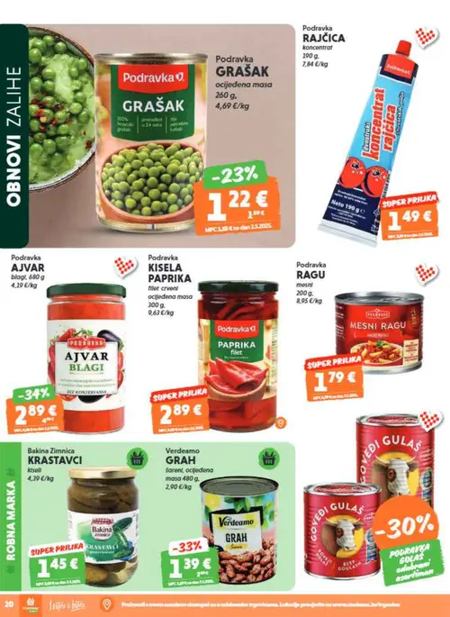 Studenac katalog — stranica 20: Podravka Ajvar blagi, Verdeamo Grah šareni, ocijeđena masa, Podravka Grašak ocijeđena masa, Podravka Rajčica koncentrat (vrijedi 01. 07. 2026.–14. 07. 2026.)