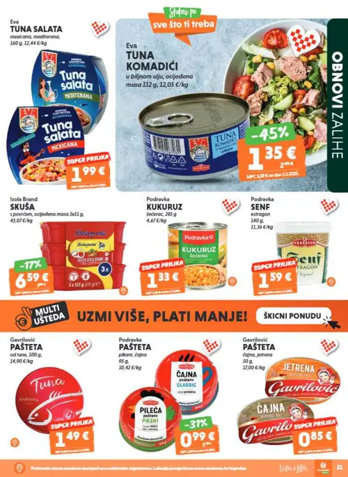 Studenac katalog — stranica 21: Eva TUNA KOMADIĆI u biljnom ulju, ocijeđena, Podravka PAŠTETA pikant, čajna, Eva TUNA SALATA mexicana, mediterana, Izola Brand SKUŠA s povrćem, ocijeđena masa (vrijedi 01. 07. 2026.–14. 07. 2026.)