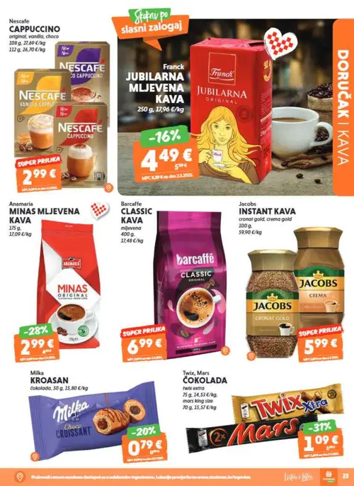 Studenac katalog — stranica 23: Twix, Mars čokolada, Milka Milka Kroasan čokolada, Franck Franck Jubilarna mljevena kava, Nescafe Nescafe Cappuccino original, vanilla, choco (vrijedi 01. 07. 2026.–14. 07. 2026.)