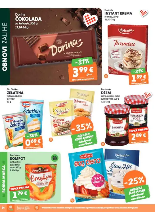 Studenac katalog — stranica 24: Dorina ČOKOLADA za kuhanje, Dolcela INSTANT KREMA tiramisu, Dr. Oetker ŽELATINA goveda, Podravka DŽEM extra jagoda, extra šumsko voće (vrijedi 01. 07. 2026.–14. 07. 2026.)