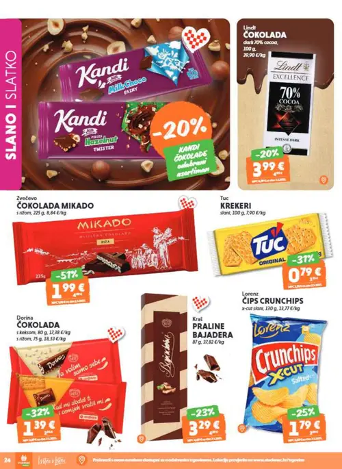 Studenac katalog — stranica 26: Zvečevo MIKADO ČOKOLADA s rižom, Dorina ČOKOLADA s keksom, Tuc Tuc KREKERI slani, Lorenz ČIPS CRUNCHIPS x-cut slani (vrijedi 01. 07. 2026.–14. 07. 2026.)