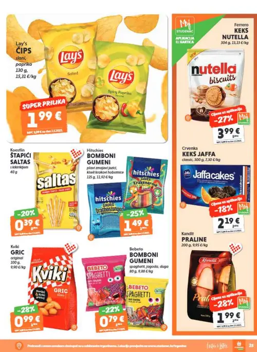 Studenac katalog — stranica 27: Kviki Kviki Gric original, Kandit Kandit Praline, Ferrero Keks Nutella Biscuits, Hitschies Hitschies Bomboni Gumeni plavi zmajevi jezičci, kiseli krakovi hobotnice (vrijedi 01. 07. 2026.–14. 07. 2026.)