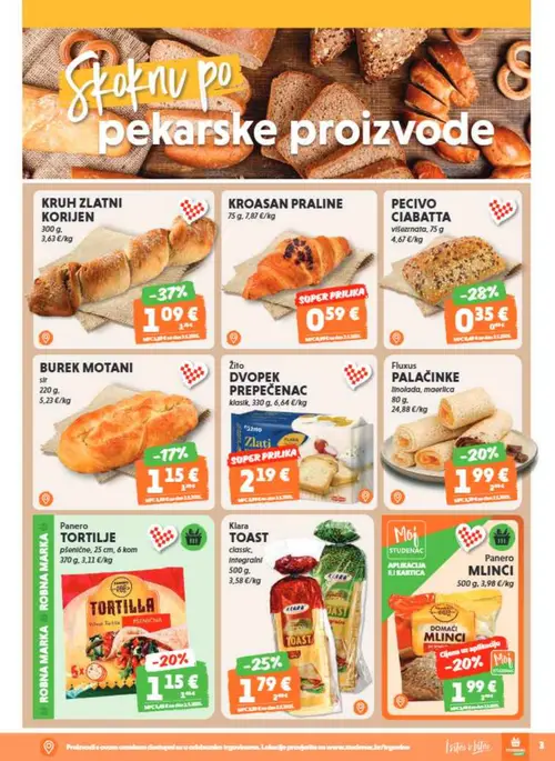 Studenac katalog — stranica 3: KRUH ZLATNI KORIJEN, PECIVO CIABATTA, Klara Klara TOAST, Panero Panero TORTILJE (vrijedi 01. 07. 2026.–14. 07. 2026.)