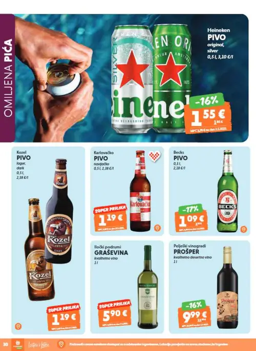 Studenac katalog — stranica 32: Becks Pivo, Heineken Pivo original, silver, Pelješki vinogradi Prošper kvalitetno desertno vino, Kozel Pivo lager, dark (vrijedi 01. 07. 2026.–14. 07. 2026.)
