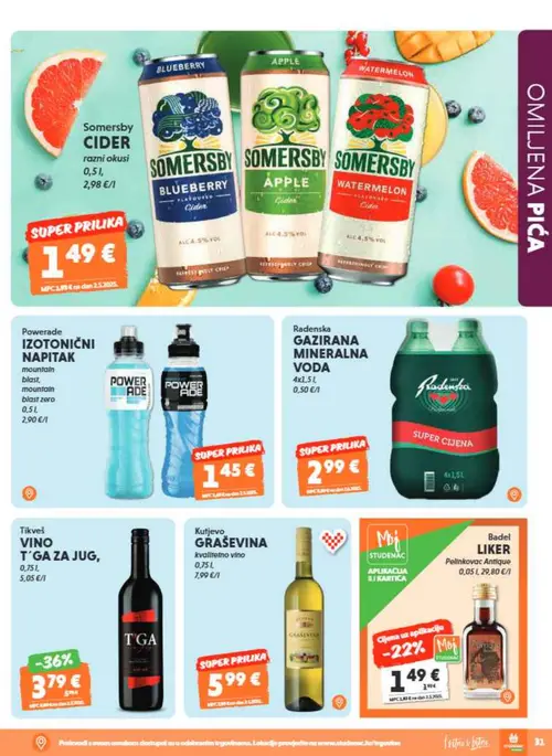 Studenac katalog — stranica 33: Badel LIKER Pelinkovac Antique, Somersby Somersby CIDER, Powerade Powerade IZOTONIČNI NAPITAK, Radenska Radenska GAZIRANA MINERALNA VODA (vrijedi 01. 07. 2026.–14. 07. 2026.)