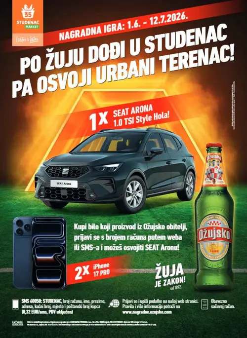 Studenac katalog — stranica 34: Ožujsko Ožujsko pivo, SEAT Arona 1.0 TSI Style, iPhone 17 PRO (vrijedi 01. 07. 2026.–14. 07. 2026.)