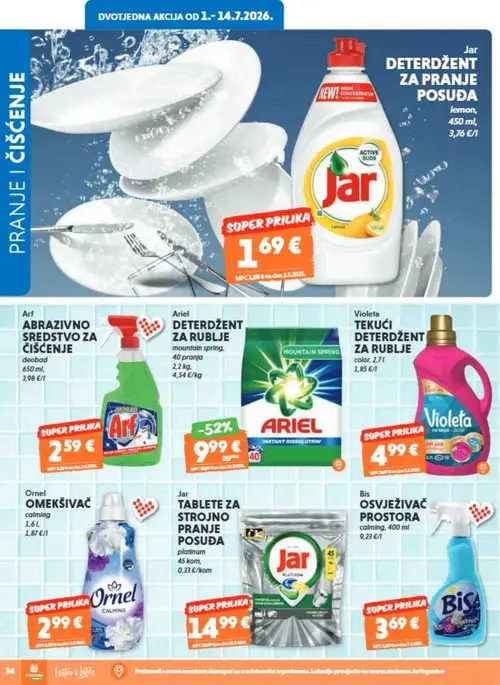 Studenac katalog — stranica 36: Jar DETERDŽENT ZA PRANJE POSUĐA lemon, Arf ABRAZIVNO SREDSTVO ZA ČIŠĆENJE, Ariel DETERDŽENT ZA RUBLJE mountain spring., Violeta TEKUĆI DETERDŽENT ZA RUBLJE color (vrijedi 01. 07. 2026.–14. 07. 2026.)