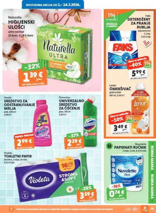 Studenac katalog — stranica 37: Lenor Lenor OMEKŠIVAČ gold orchid, Faks FAKS DETERDŽENT ZA PRANJE RUBLJA aquamarine, Domestos Domestos UNIVERZALNO SREDSTVO ZA ČIŠĆENJE pine, Naturella Naturella HIGIJENSKI ULOŠCI ultra normal (vrijedi 01. 07. 2026.–14. 07. 2026.)