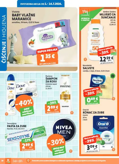 Studenac katalog — stranica 38: Sensodyne PASTA ZA ZUBE fluoride, Pantene ŠAMPON ZA KOSU Intensive repair, Ambre Solaire MLIJEKO ZA SUNČANJE, Oral-B KONAC ZA ZUBE menta (vrijedi 01. 07. 2026.–14. 07. 2026.)