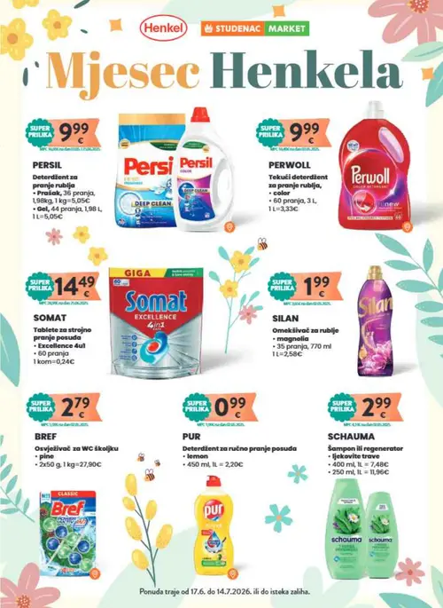 Studenac katalog — stranica 41: Persil Persil deterdžent za pranje rublja, Persil Persil gel deterdžent za pranje rublja, Perwoll Perwoll tekući deterdžent za pranje rublja, color, Somat Somat tablete za strojno pranje posuđa Excellence 4in1 (vrijedi 01. 07. 2026.–14. 07. 2026.)