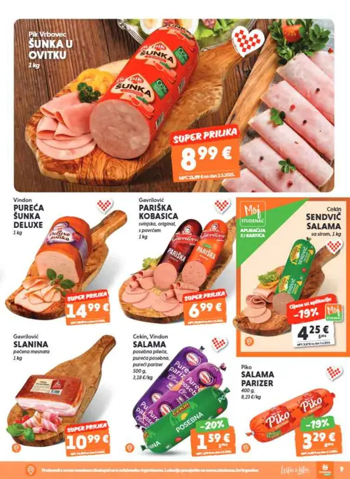 Studenac katalog — stranica 9: Pik Vrbovec Šunka u ovitku, Cekin, Vindon SALAMA pureća posebna, pureći parizer, Piko SALAMA PARIZER, Cekin Sendvič salama sa sirom (vrijedi 01. 07. 2026.–14. 07. 2026.)