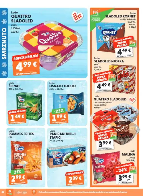 Studenac katalog — stranica 12: Ledo POMMES FRITES, Ledo MALINA, Ledo LISNATO TIJESTO, Ledo QUATTRO SLADOLED (vrijedi 08. 07. 2026.–14. 07. 2026.)