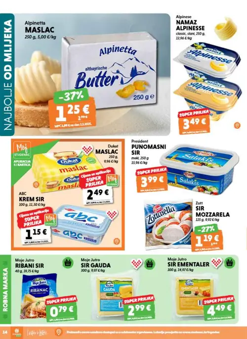 Studenac katalog — stranica 14: Dukat MASLAC, AlpinettA MASLAC, ABC KREM SIR, Zott SIR MOZZARELA (vrijedi 08. 07. 2026.–14. 07. 2026.)
