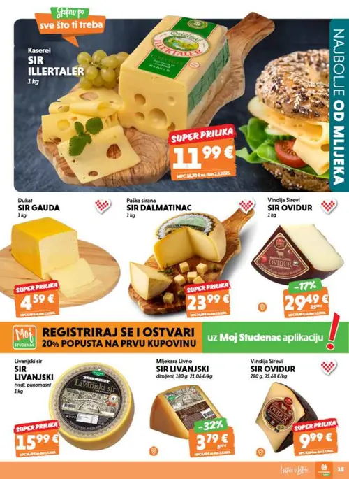Studenac katalog — stranica 15: Mljekara Livno SIR LIVANJSKI, Vindija Sirevi SIR OVIDUR, Kaserei SIR ILLERTALER (vrijedi 08. 07. 2026.–14. 07. 2026.)
