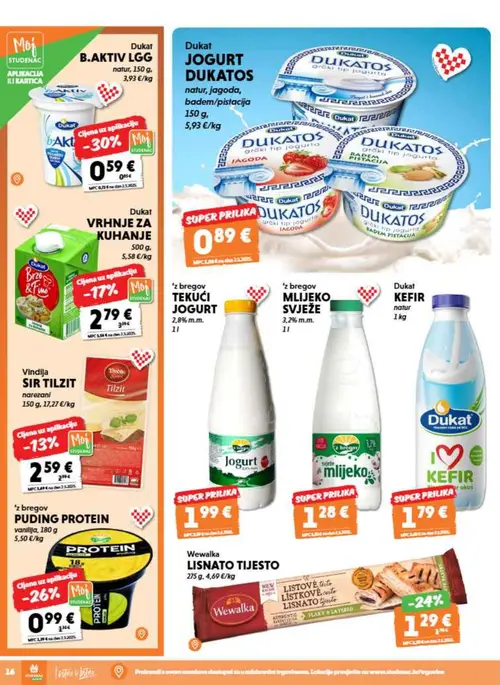 Studenac katalog — stranica 16: Dukat Dukat B.aktiv LGG natur, 'z bregov PUDING PROTEIN vanilija, Wewalka LISTOVO tijesto LISNATO, Dukat Dukat VRHnje za kuhanje (vrijedi 08. 07. 2026.–14. 07. 2026.)