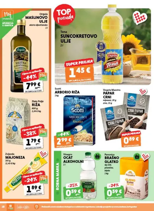 Studenac katalog — stranica 18: Scotti Scotti Arborio riža, Orgula Orgula maslinovo ulje ekstra djevicansko, Zlato Polje Zlato polje riža, Vinagro Vinagro ocat alkoholni (vrijedi 08. 07. 2026.–14. 07. 2026.)
