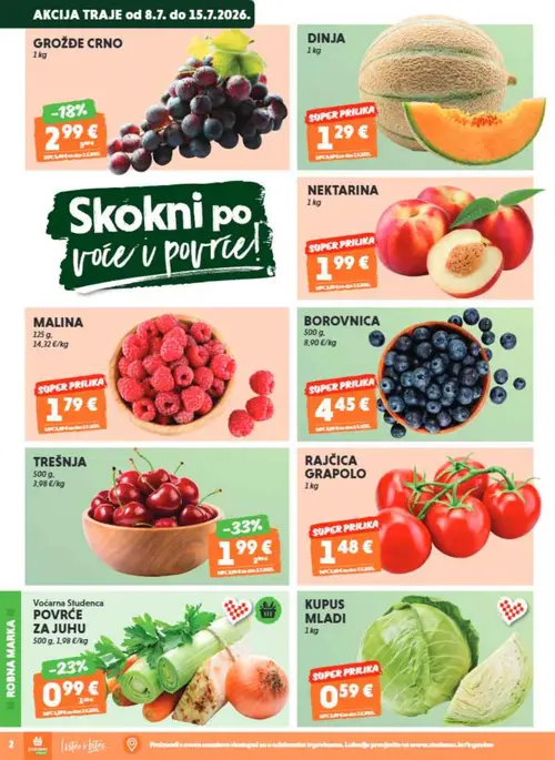 Studenac katalog — stranica 2: TREŠNJA, Voćarna Studenca Povrće za juhu, GROŽĐE CRNO, DINJA (vrijedi 08. 07. 2026.–14. 07. 2026.)