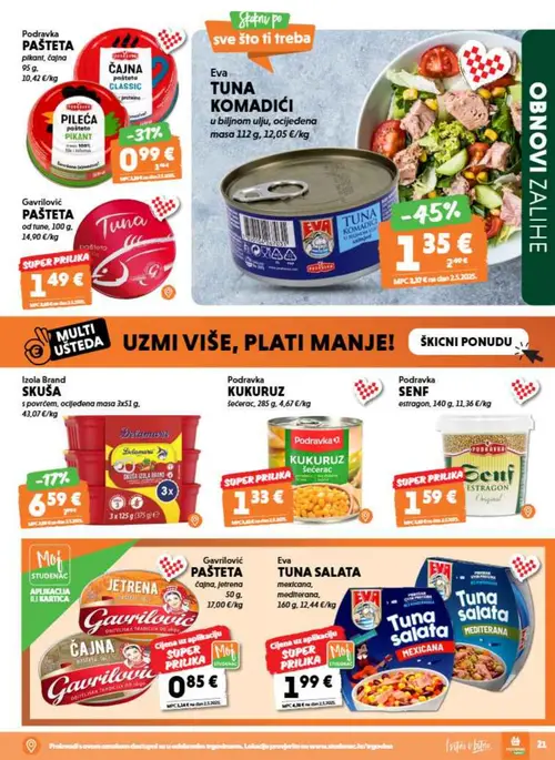 Studenac katalog — stranica 21: Eva TUNA KOMADIĆI u biljnom ulju, Podravka PAŠTETA pikant, čajna, Izola Brand SKUŠA s povrćem, ocijeđena masa (vrijedi 08. 07. 2026.–14. 07. 2026.)
